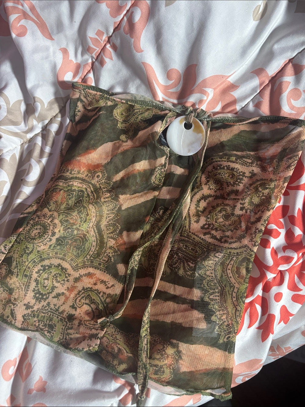 Sheer Paisley Print Tie-Front Tube Top in Olive & Peach